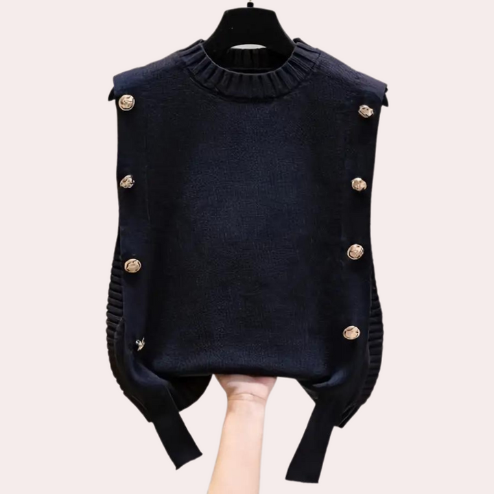 Zwarte mouwloze trui met gouden knopen, geribbelde zijkanten en ronde hals, perfect voor stijlvolle damesmode en herfstoutfits.