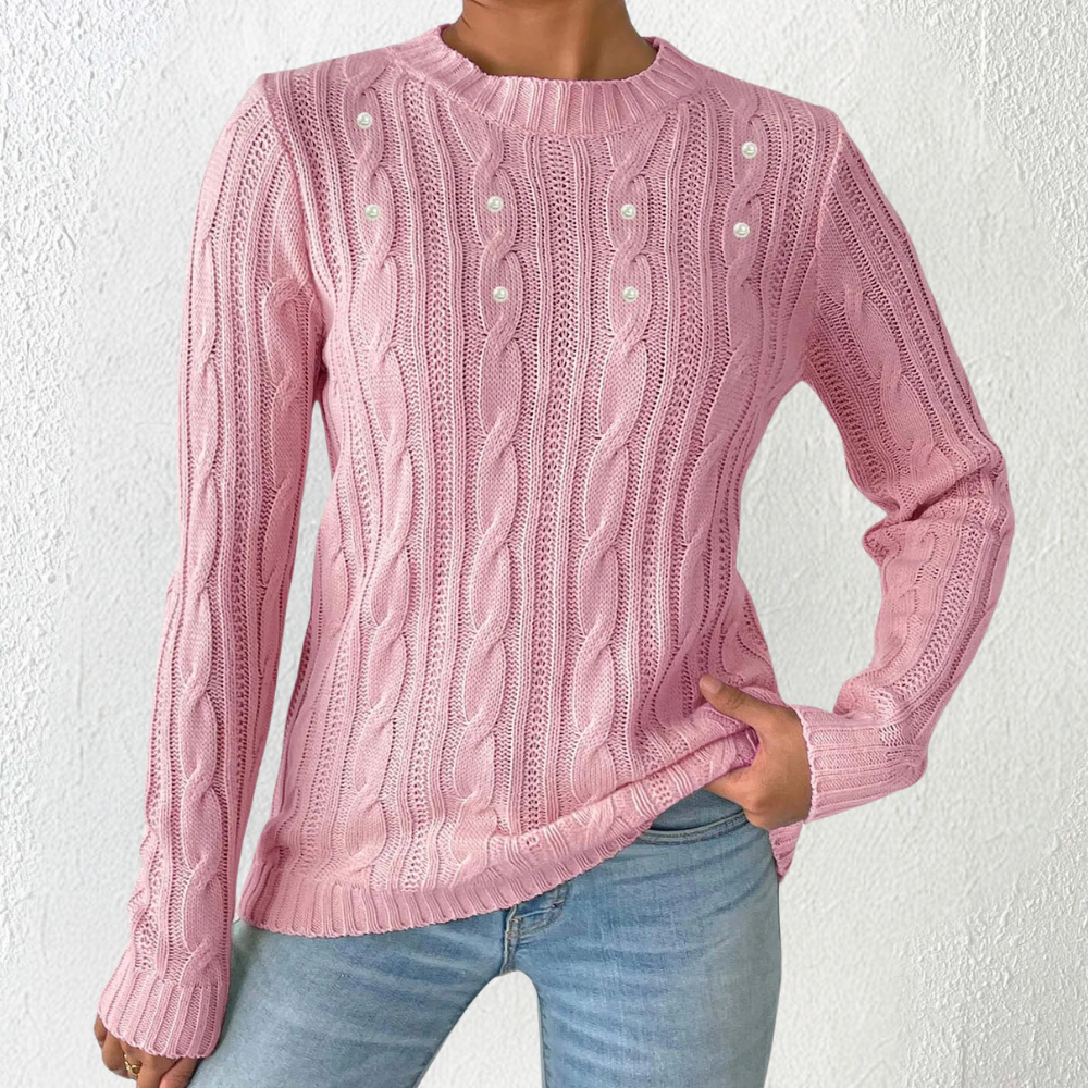 Roze kabeltrui dames, gebreid patroon, lange mouwen, casual stijl, perfect voor herfst en winter, modieuze en comfortabele kleding.