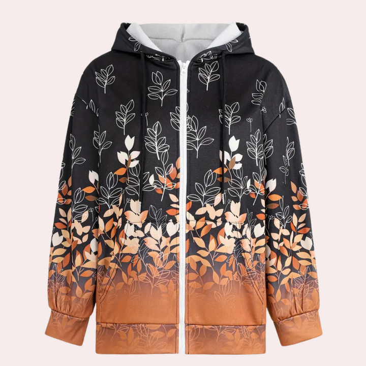 Zwarte hoodie met herfstbladeren print, rits en capuchon. Modieuze dameskleding, ideaal voor casual herfstoutfits. Comfortabel en stijlvol design.