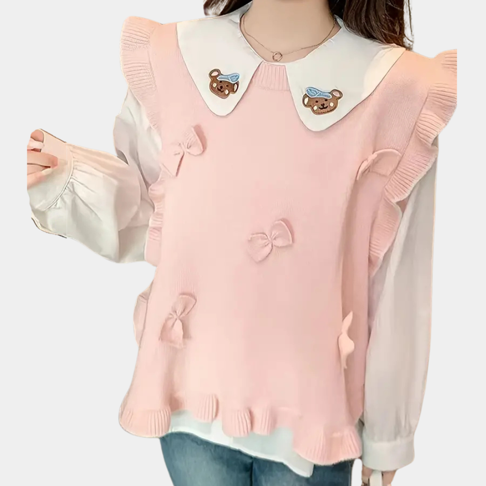 Damestrui met roze gebreid ontwerp, schattige berenkraag en strikdetails, perfect voor casual mode. Trendy en comfortabel kledingstuk.