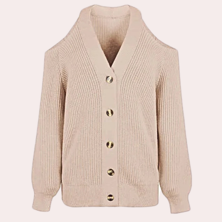 Beige damesvest met open schouders en knoopsluiting, gebreid ontwerp, modieuze dameskleding, herfst- en wintermode, comfortabele pasvorm.