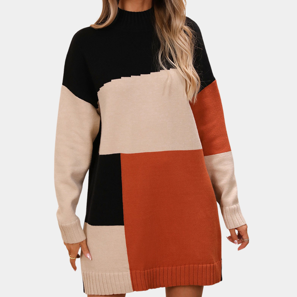 Damestrui met lange mouwen, kleurblokken in zwart, beige en oranje, casual herfstmode, comfortabele oversized pasvorm, trendy kleding.