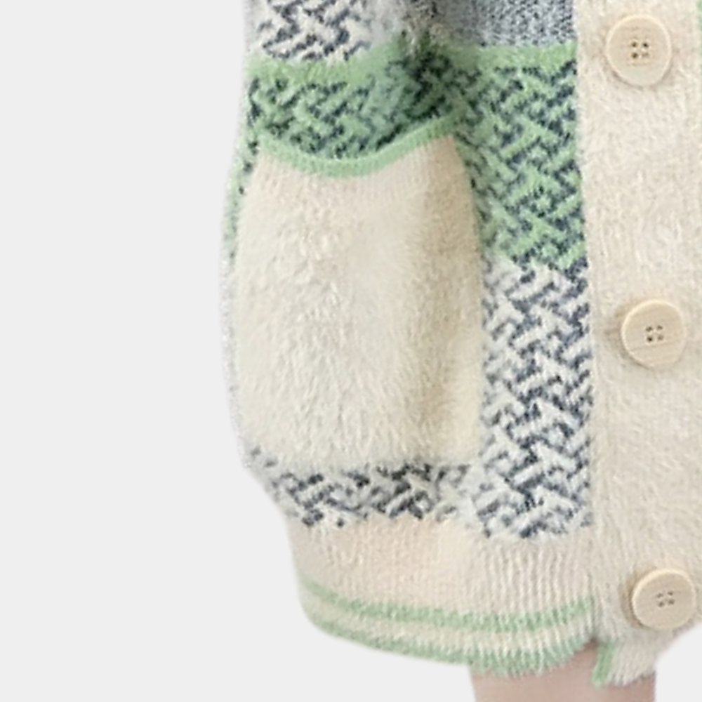 Gebreid vest met zakken, groene en grijze patronen, knopen aan de voorkant. Comfortabel en stijlvol voor herfst- en wintermode.