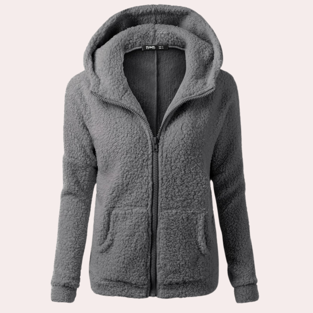 Grijze fleece hoodie met rits, zachte textuur, twee zakken, comfortabele pasvorm. Perfect voor casual en warme winterkleding. Unisex ontwerp.