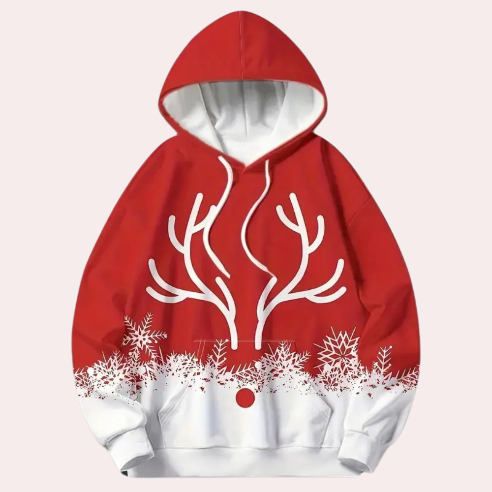 Rode kersttrui met rendiergewei en sneeuwvlokontwerp, unisex hoodie, wintermode, feestelijke kleding, comfortabele katoenen stof.