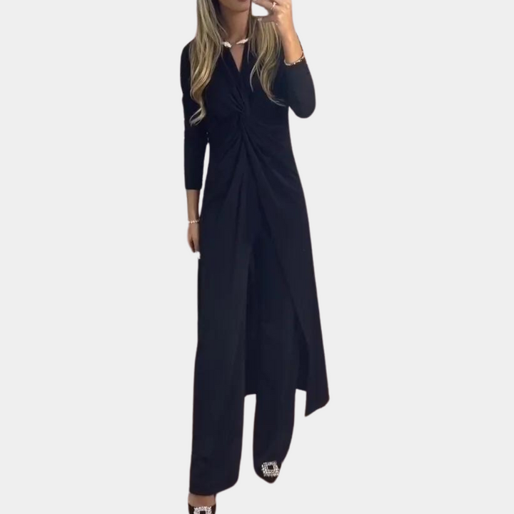 Tweedelige dames set, zwart, lange mouwen, elegante stijl, geschikt voor avondkleding. Perfect voor modieuze vrouwen, comfortabele pasvorm.