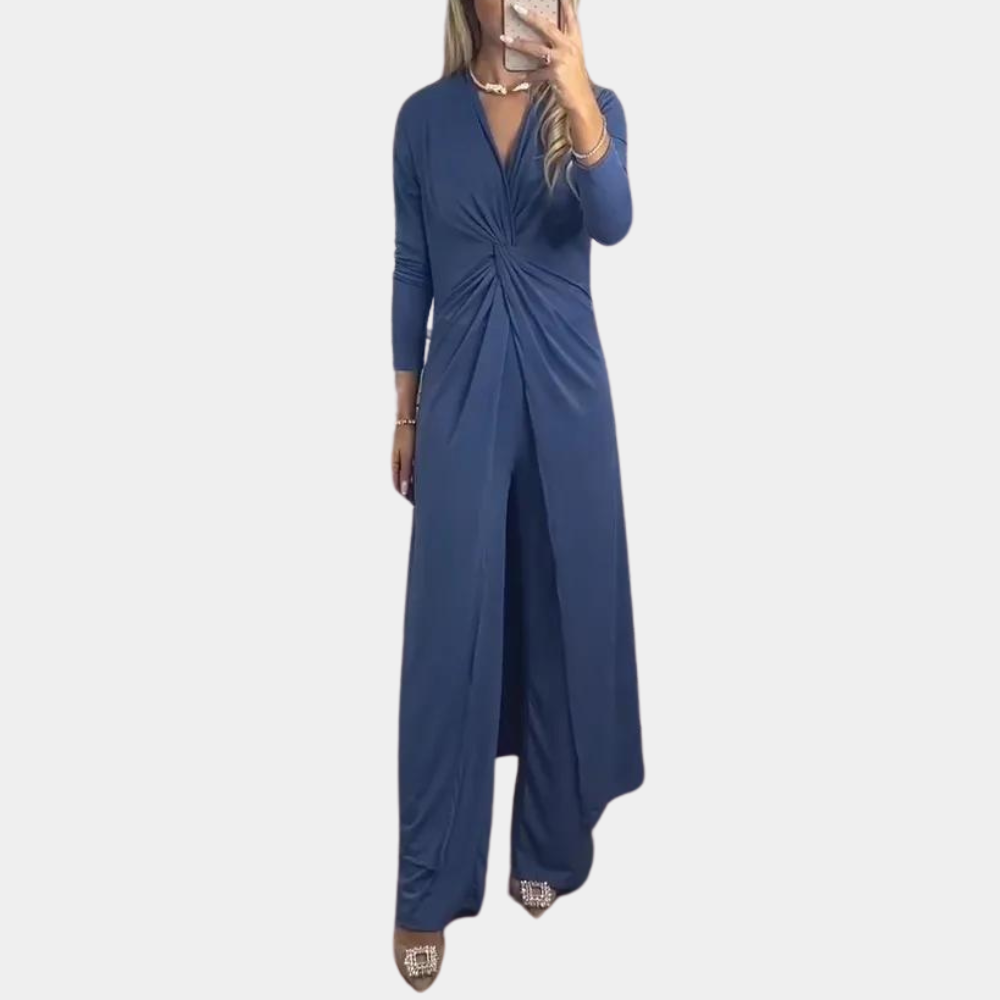 Dames tweedelige set, blauw, lange mouwen, elegante jumpsuit, V-hals, modieuze outfit, geschikt voor avondkleding en speciale gelegenheden.