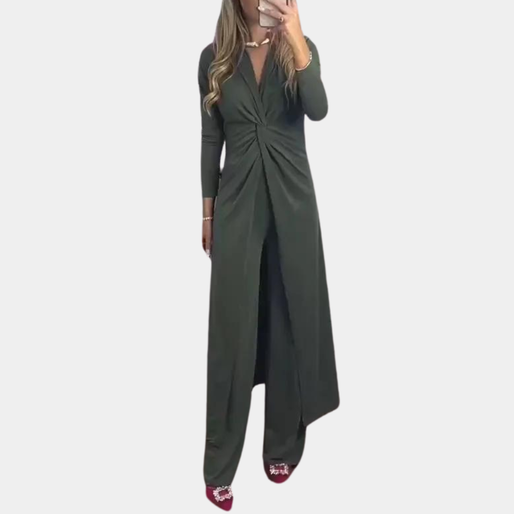 Tweedelige dames set, donkergrijs, lange mouwen, elegante jurk met knoopdetail, modieuze outfit, geschikt voor avond- en casual gelegenheden.
