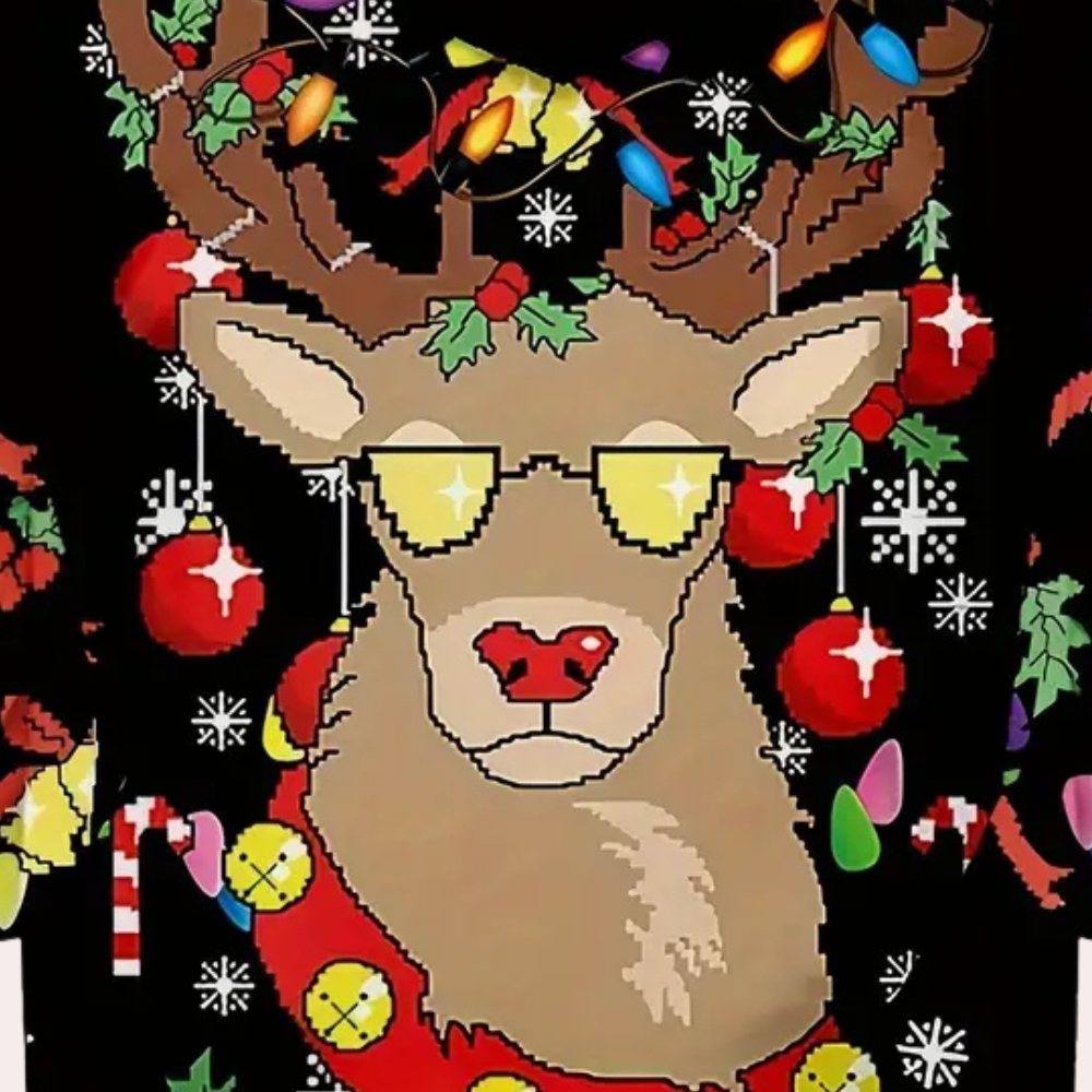 Pixelart rendier met kerstverlichting en kerstballen, foute kersttrui design, retro stijl, feestelijke decoratie, grappige kerstmode.