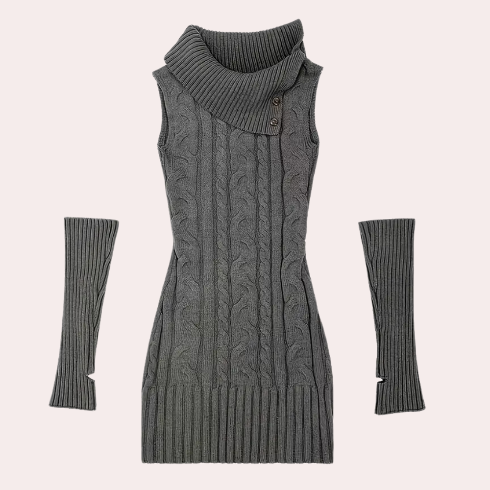 Grijze gebreide mouwloze trui met col en knopen, inclusief bijpassende armwarmers. Stijlvolle damesmode, winterkleding, warme outfit.