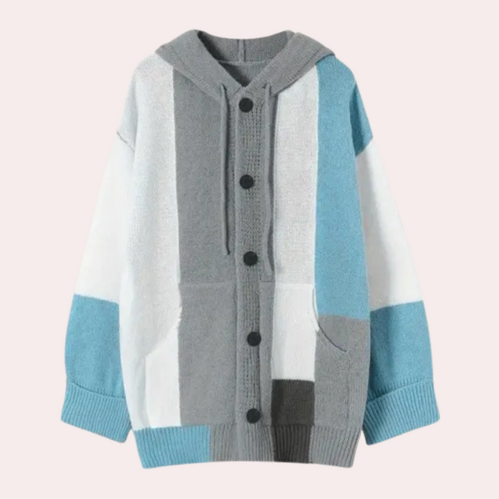 Grijze en blauwe gebreide hoodie met knopen, kleurblokken en zakken, unisex ontwerp, comfortabele en stijlvolle winterkleding.