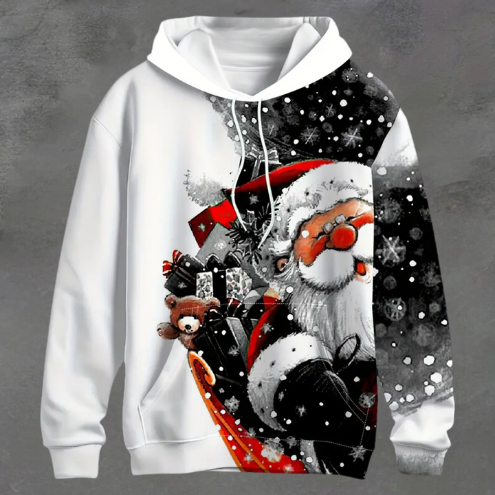 Witte kersttrui met kleurrijke kerstmanprint, cadeaus en sneeuwvlokken. Perfect voor feestdagen, wintermode en kerstcadeaus.