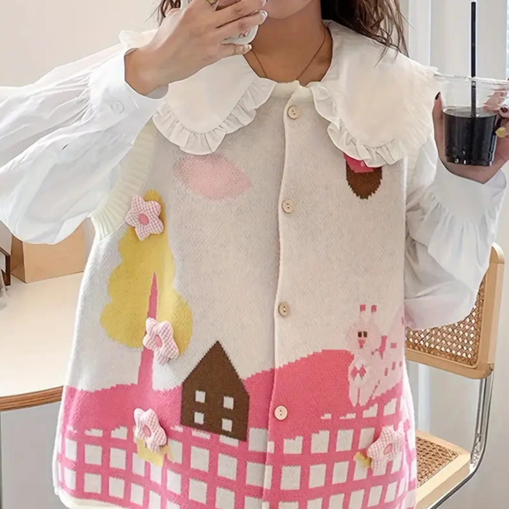 Vrouw in witte blouse met kleurrijke gebreide trui met schattig landschapspatroon, drinkt koffie. Trendy herfstmode, casual dameskleding.