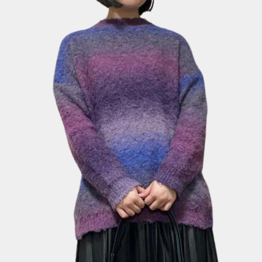 Paarse en blauwe gebreide trui, damesmode, herfst-winter kleding, zachte wol, casual stijl, trendy outfit, comfortabele pasvorm.