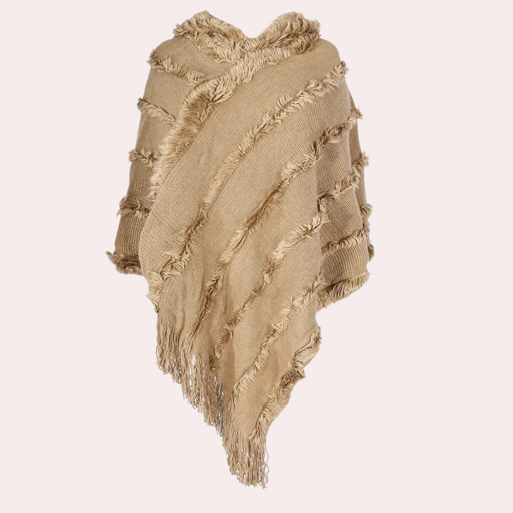 Beige gebreide poncho met franjes, asymmetrisch ontwerp, warme wintermode, dameskleding, stijlvolle en comfortabele poncho voor koude dagen.