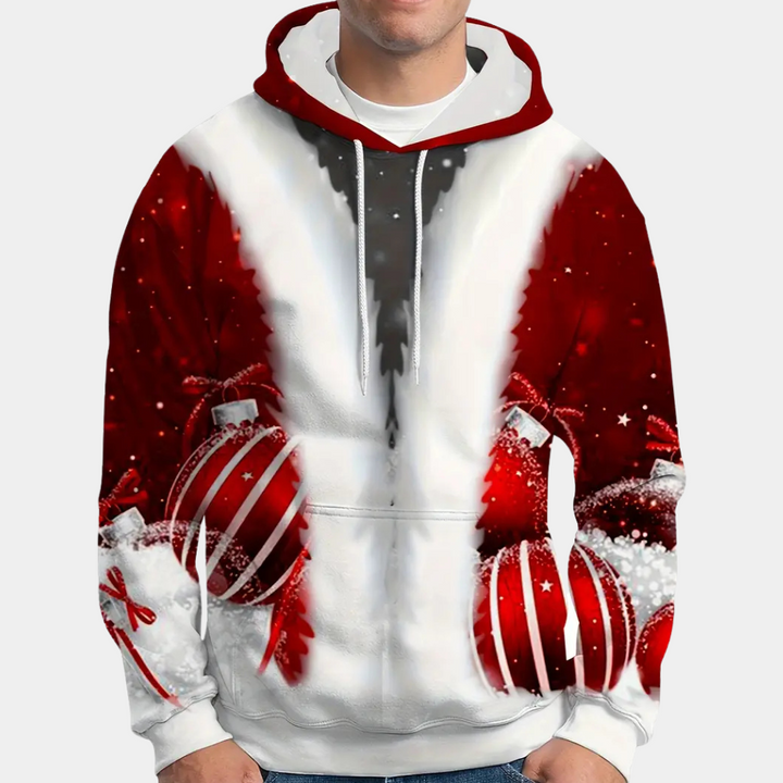 Rode en witte kersttrui met kerstballen en sneeuwvlokken, ideaal voor feestdagen. Comfortabele hoodie met feestelijk ontwerp voor kerstvieringen.