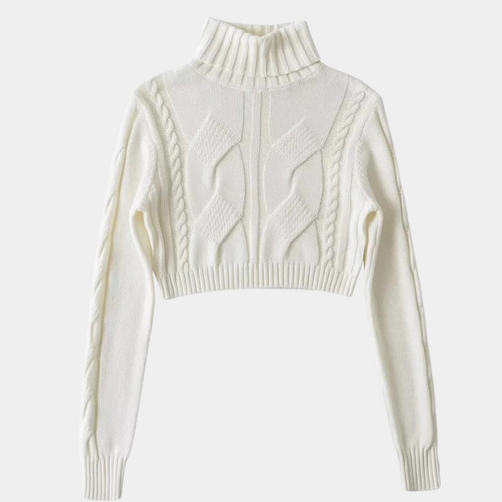 Witte gebreide coltrui dames, kabelpatroon, cropped design, lange mouwen, wintermode, warme trui, stijlvolle kleding, casual outfit.