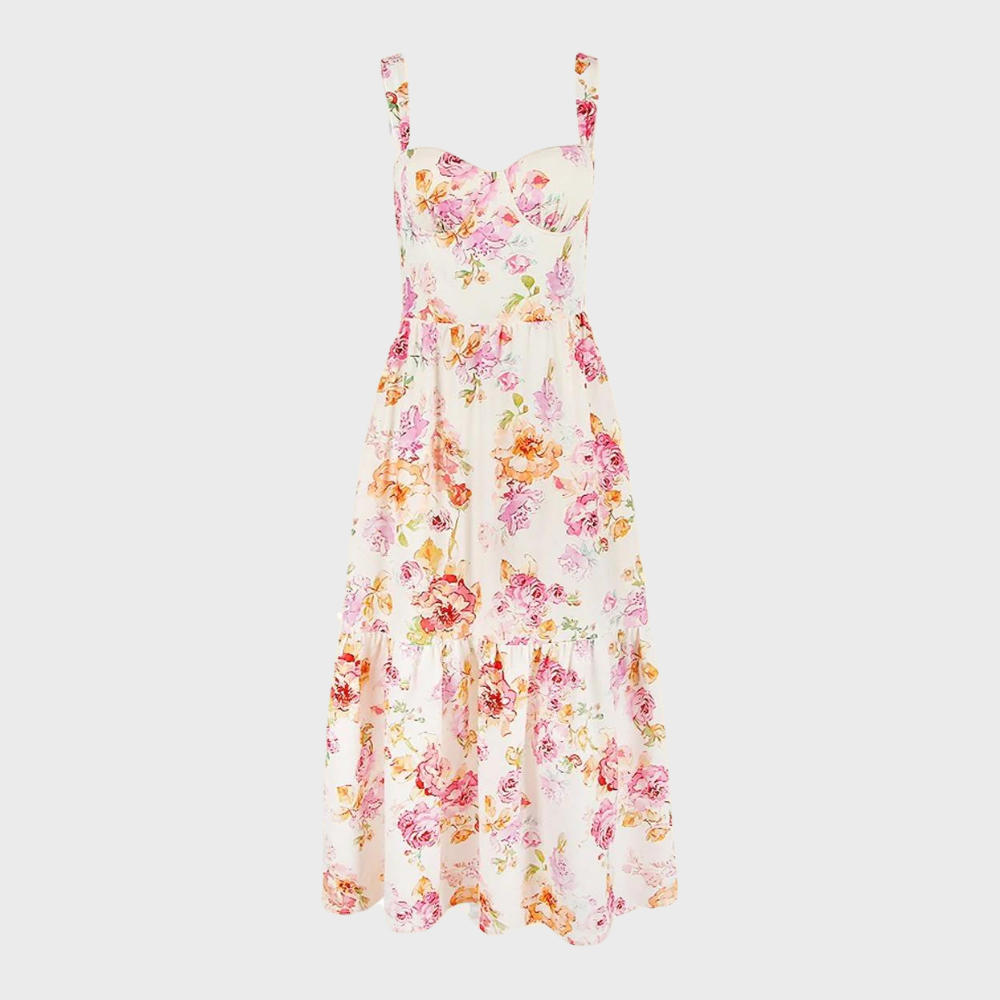 Bloemenjurk met spaghettibandjes, wit met roze en oranje bloemenprint, zomerse maxi-jurk, elegante damesmode, casual en feestelijk.