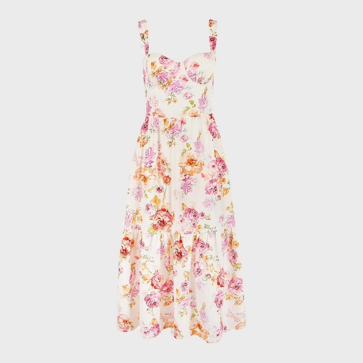 Bloemenjurk met spaghettibandjes, wit met roze en oranje bloemenprint, zomerse maxi-jurk, elegante damesmode, casual en feestelijk.
