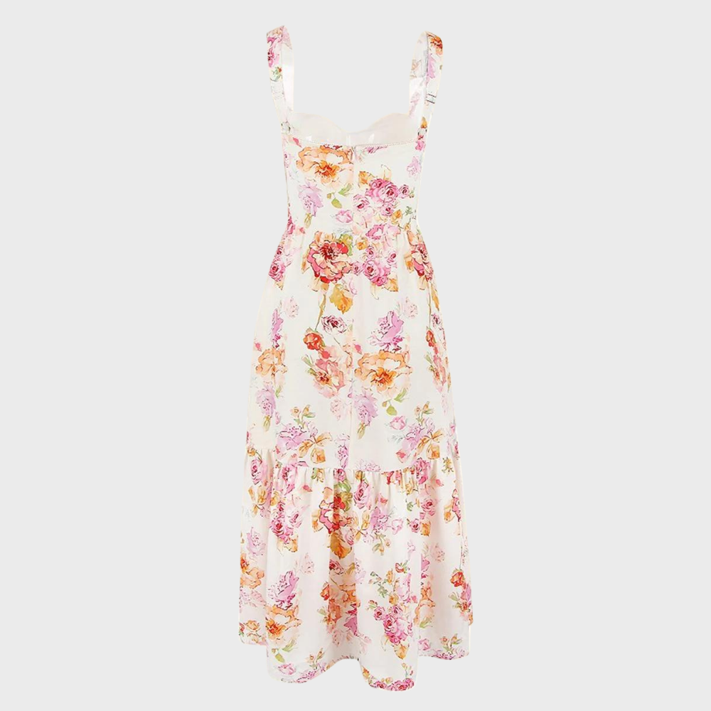 Bloemenjurk met roze en oranje bloemenprint, mouwloos ontwerp, midi-lengte, perfect voor zomerse gelegenheden en casual mode.