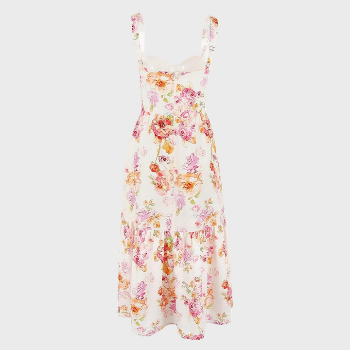 Bloemenjurk met roze en oranje bloemenprint, mouwloos ontwerp, midi-lengte, perfect voor zomerse gelegenheden en casual mode.