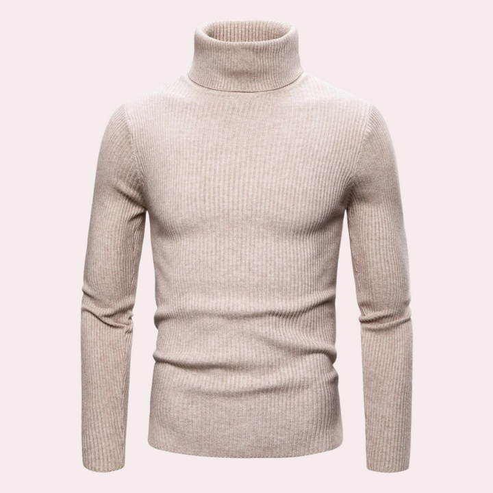 Beige coltrui heren, ribgebreid, lange mouwen, casual stijl, wintermode, comfortabele pasvorm, hoogwaardige stof, trendy herenkleding.