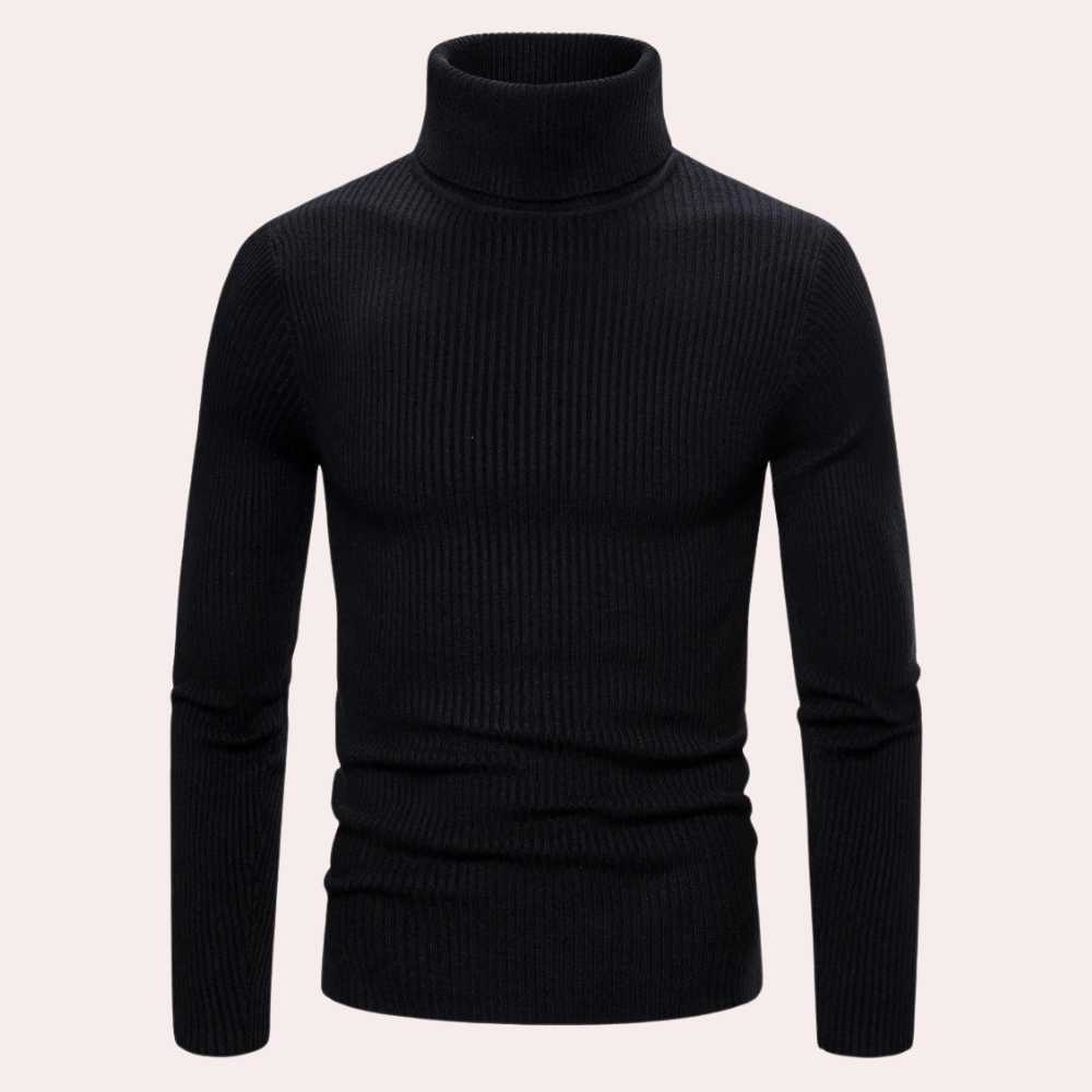 Zwarte coltrui heren, ribgebreid, lange mouwen, casual wintermode, warme trui, stijlvolle herenkleding, comfortabele pasvorm.