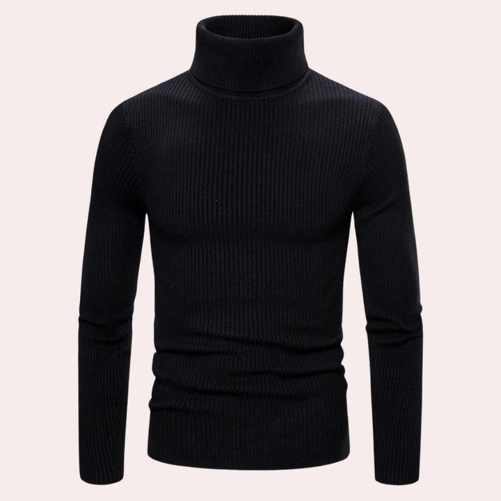 Zwarte coltrui heren, ribgebreid, lange mouwen, casual wintermode, warme trui, stijlvolle herenkleding, comfortabele pasvorm.