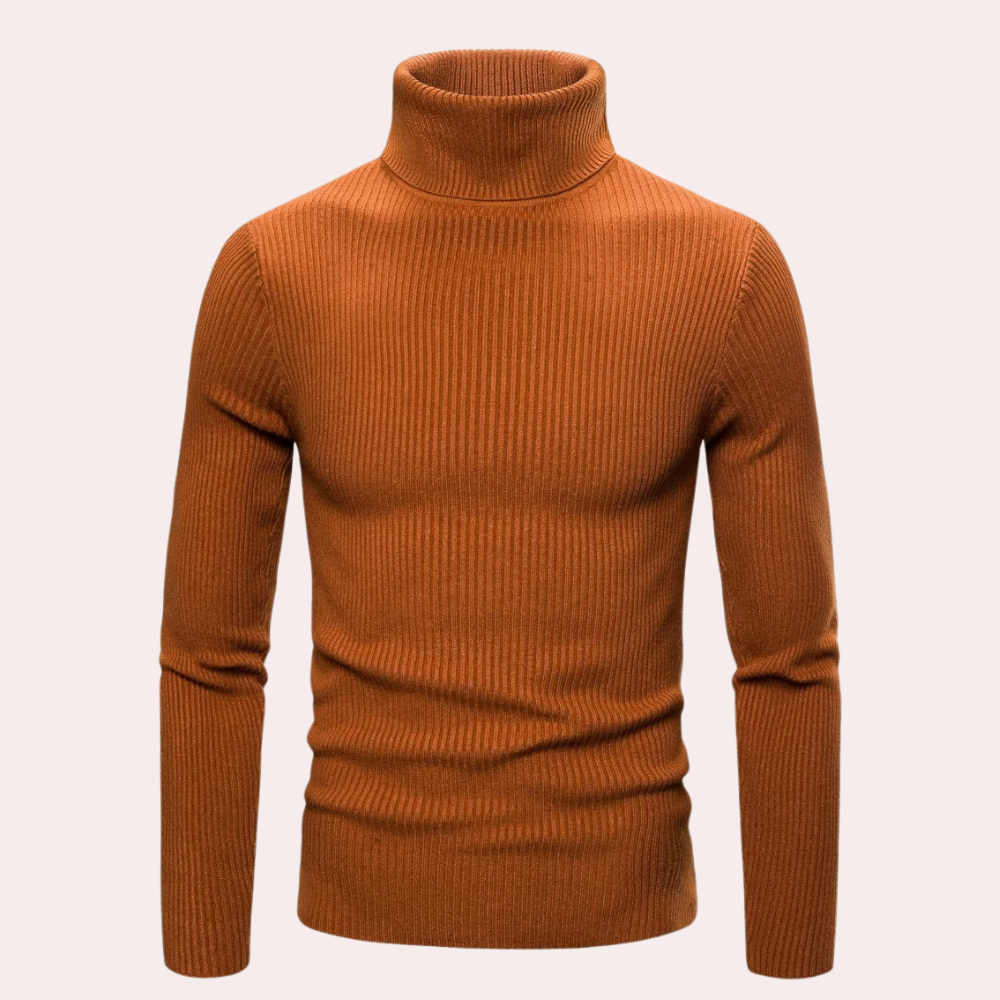 Caramelkleurige coltrui voor heren, gebreid met ribbelpatroon. Stijlvolle herenkleding, warme wintertrui, modieuze coltrui.