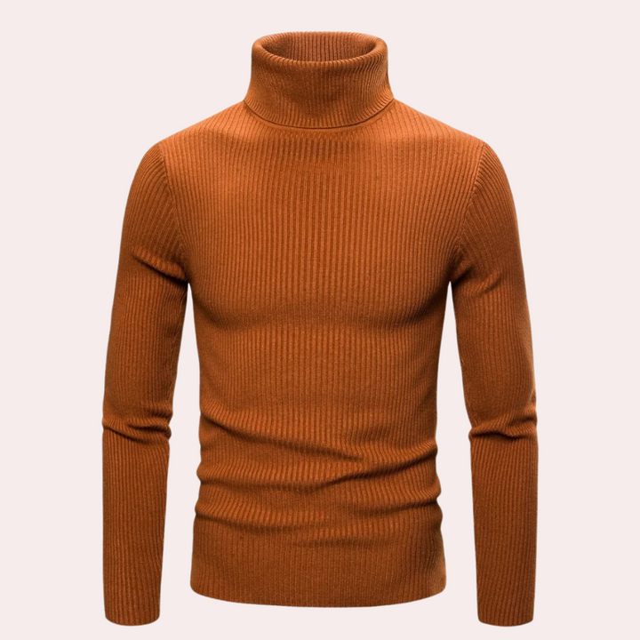 Caramelkleurige coltrui voor heren, gebreid met ribbelpatroon. Stijlvolle herenkleding, warme wintertrui, modieuze coltrui.
