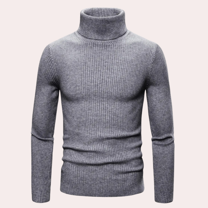 Grijze coltrui heren, ribgebreid, warme wintertrui, stijlvolle casual mode, comfortabele pasvorm, hoogwaardige stof, trendy herenkleding.