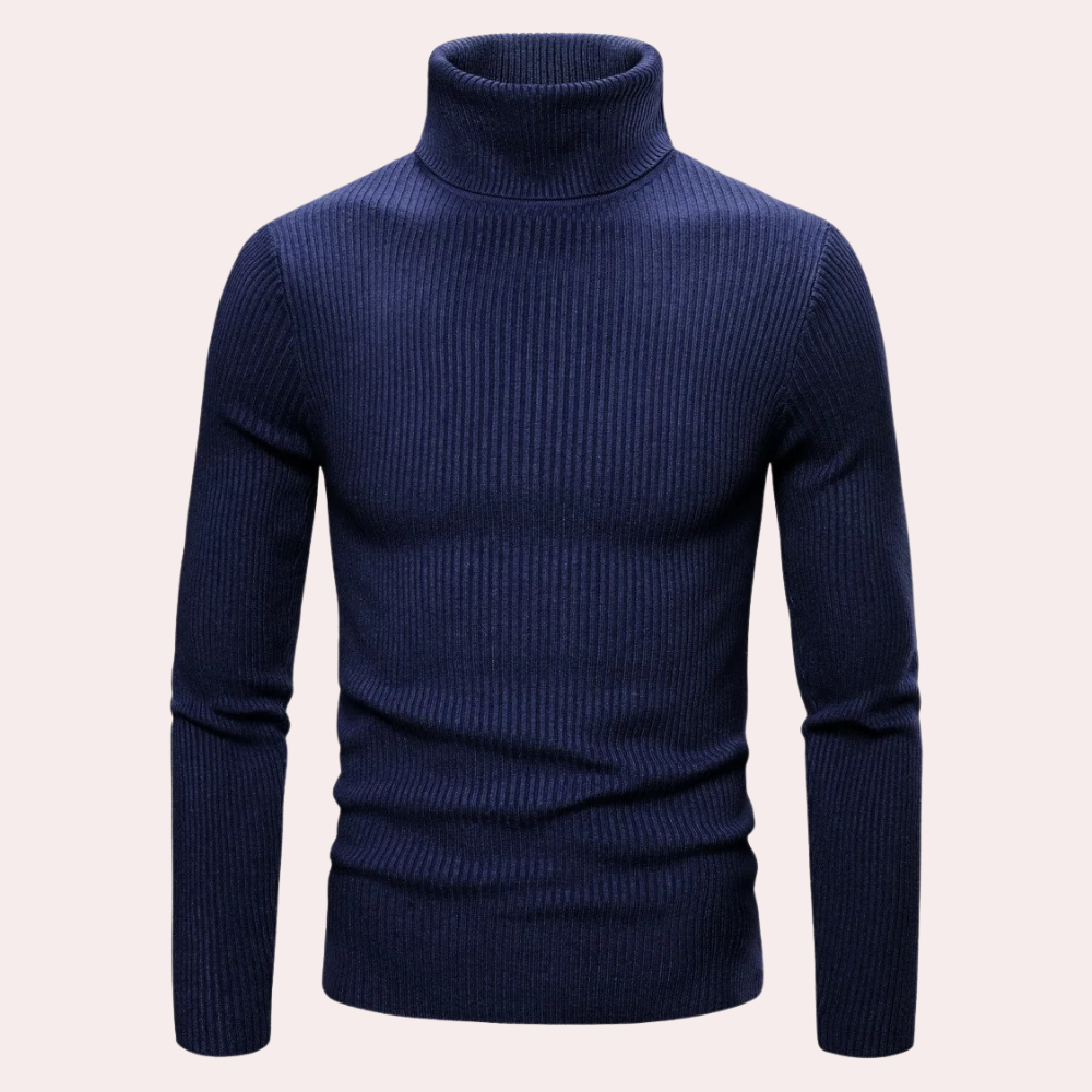 Donkerblauwe coltrui heren, ribgebreid, lange mouwen, casual wintermode, warme trui, stijlvolle herenkleding, comfortabele pasvorm.