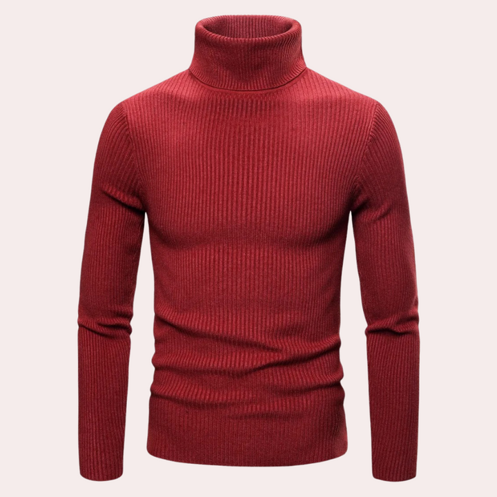 Rode coltrui heren, ribgebreid, lange mouwen, wintermode, warme trui, stijlvolle herenkleding, casual en elegant, hoogwaardige stof.