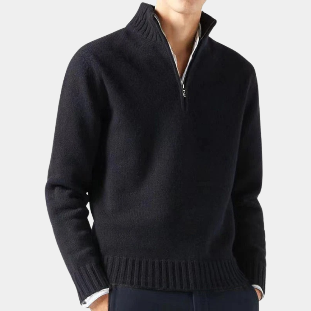 Zwarte herentrui met halve rits, hoge kraag en lange mouwen. Stijlvolle en warme kleding voor herfst en winter. Perfect voor casual en formele gelegenheden.