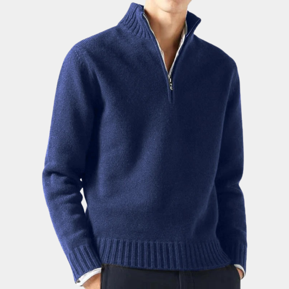 Donkerblauwe herentrui met halve rits, gebreid van wol, casual en stijlvol, ideaal voor herfst- en wintermode. Comfortabele pasvorm.