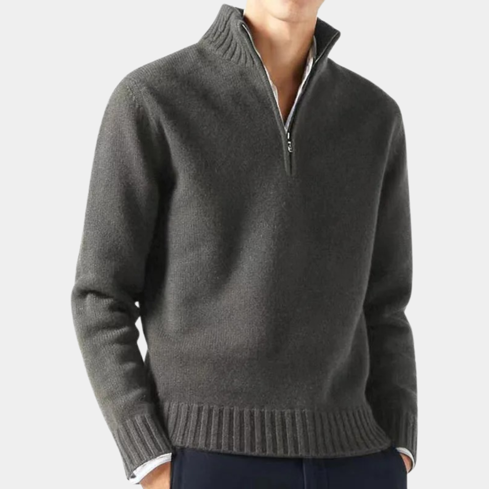 Donkergrijze herentrui met halve rits, gemaakt van wolmix. Stijlvolle en warme sweater voor casual en formele gelegenheden.