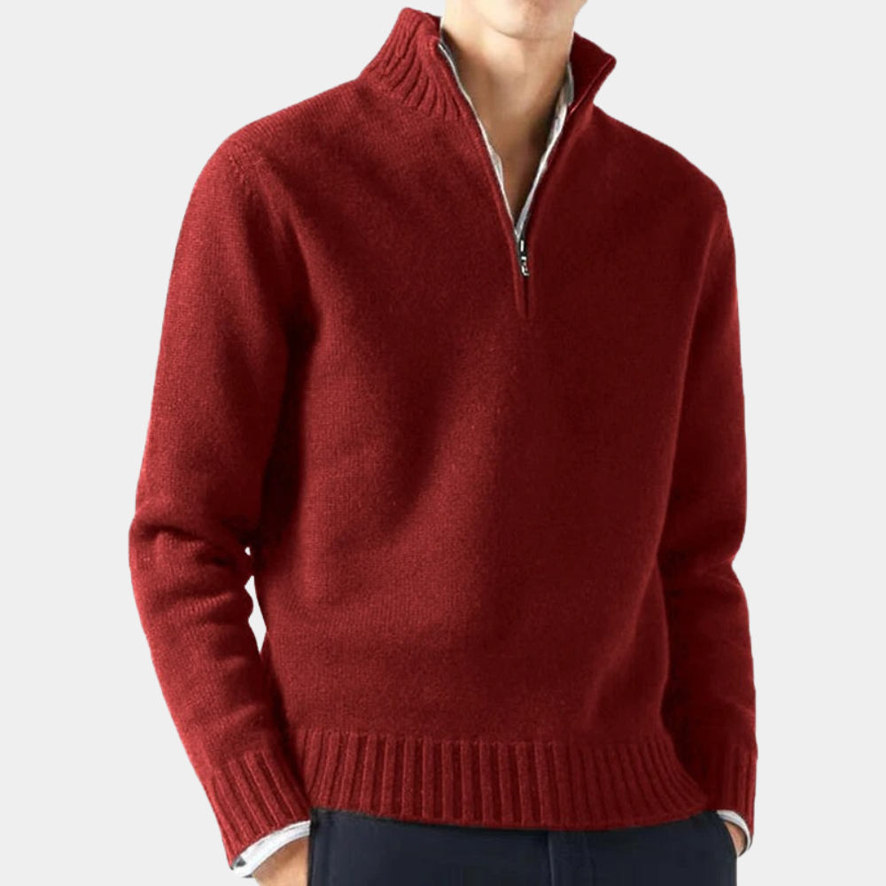 Donkerrode herentrui met halve rits, gemaakt van zachte wol. Stijlvolle en warme sweater, perfect voor casual en formele gelegenheden.