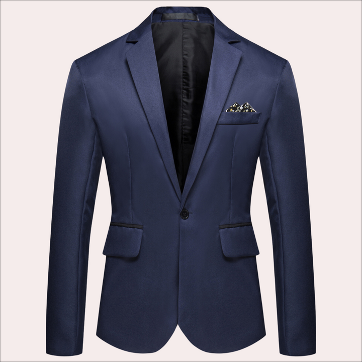 Navyblauw colbert voor heren met elegante pasvorm, enkele knoopsluiting en borstzak met pochet. Perfect voor formele gelegenheden en zakelijke outfits.