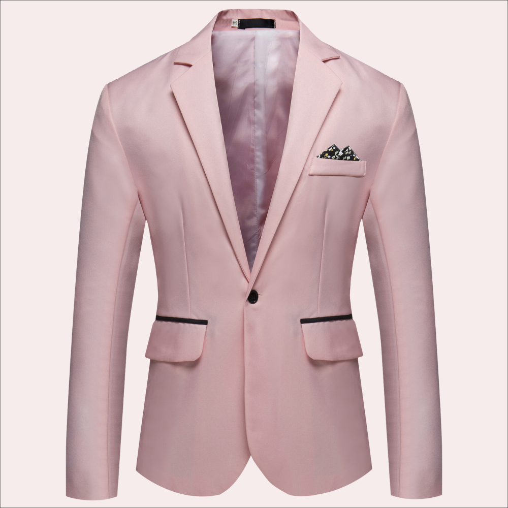 Roze herenblazer met zwarte knopen en zakken, elegante pasvorm, geschikt voor formele gelegenheden. Stijlvolle keuze voor modieuze mannen.