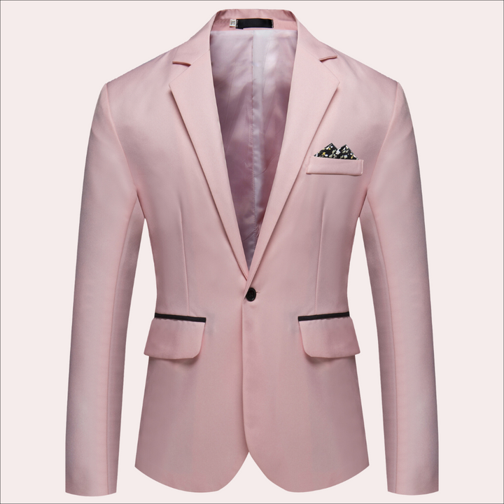 Roze herenblazer met zwarte knopen en zakken, elegante pasvorm, geschikt voor formele gelegenheden. Stijlvolle keuze voor modieuze mannen.
