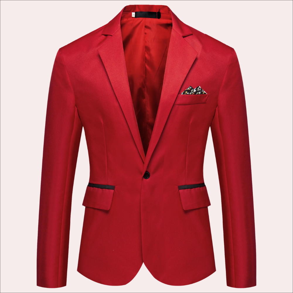 Rode herenblazer met zwarte accenten, enkele knoopsluiting en borstzakdoek. Perfect voor formele gelegenheden. Stijlvolle en moderne uitstraling.