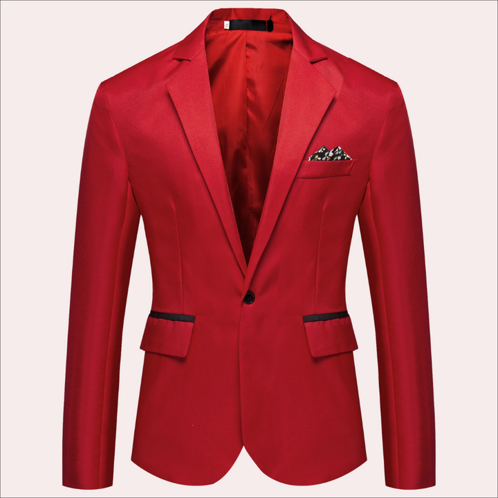 Rode herenblazer met zwarte accenten, enkele knoopsluiting en borstzakdoek. Perfect voor formele gelegenheden. Stijlvolle en moderne uitstraling.