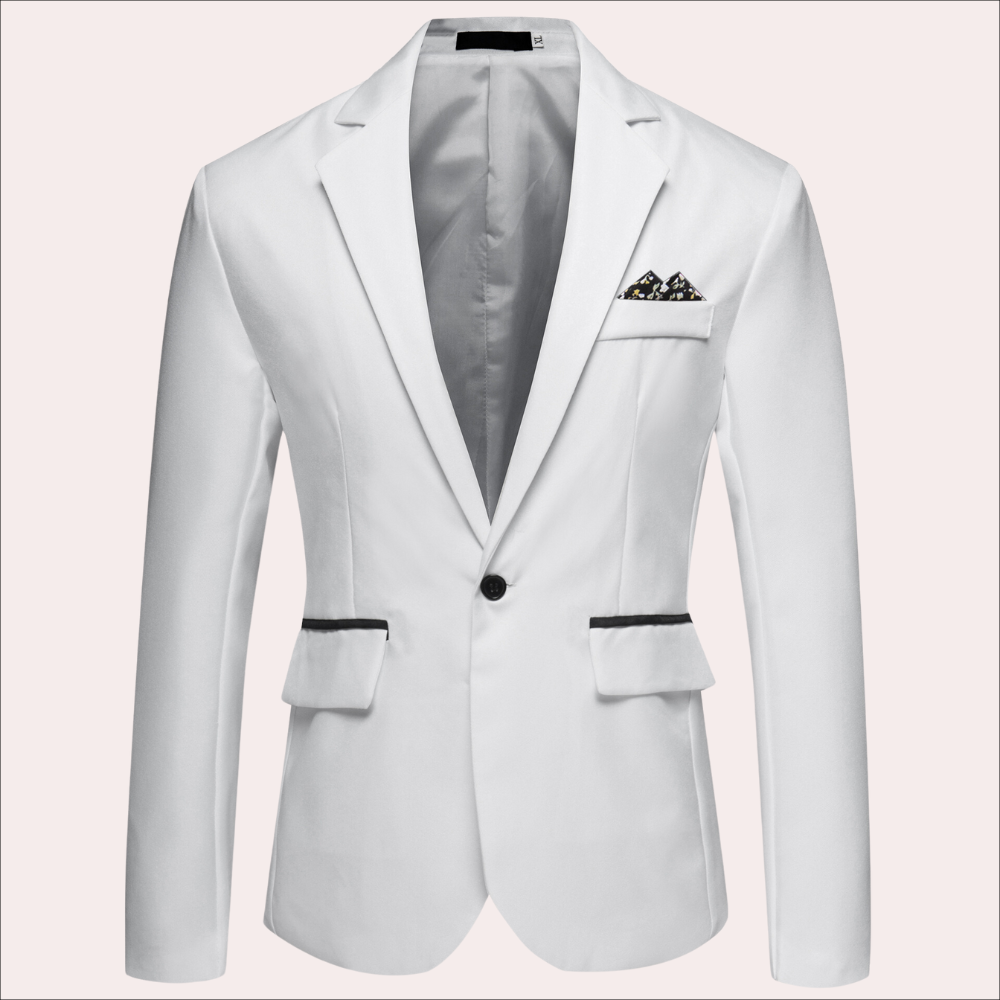 Witte herenblazer met zwarte knopen en zakdoek, elegante formele kleding, geschikt voor zakelijke en feestelijke gelegenheden, modieuze stijl.