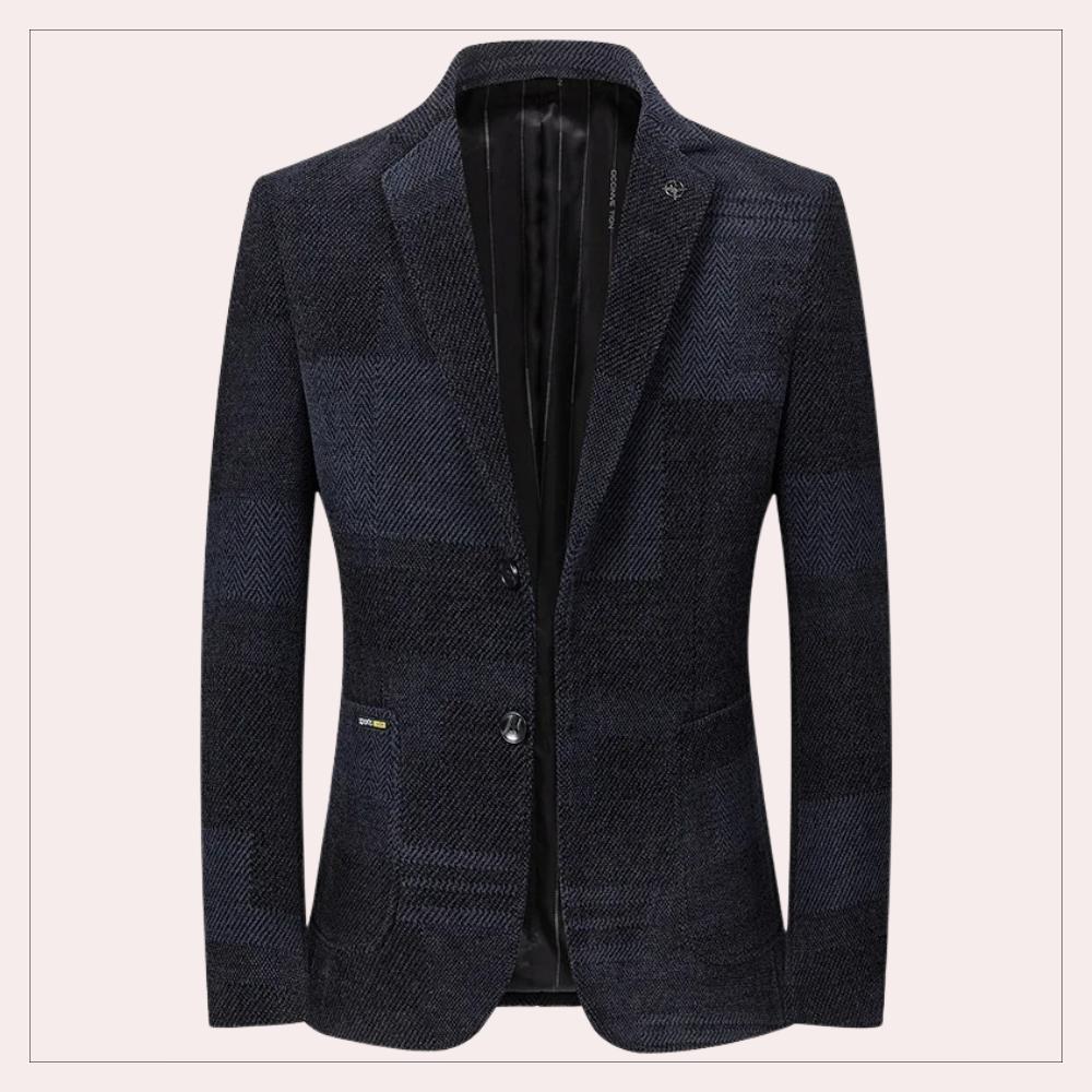 Donkerblauw geruit colbert voor heren, elegante zakelijke stijl, tweeknoopssluiting, hoogwaardige stof, perfect voor formele gelegenheden.