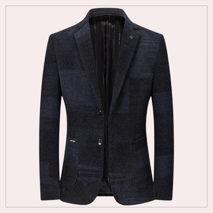 Donkerblauw geruit colbert voor heren, elegante zakelijke stijl, tweeknoopssluiting, hoogwaardige stof, perfect voor formele gelegenheden.