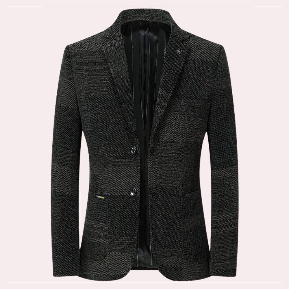 Donkergrijs herenblazer met patroon, elegante zakelijke stijl, geschikt voor formele gelegenheden. Hoogwaardige stof, moderne pasvorm.