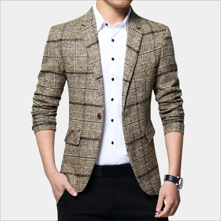 Stijlvolle khaki geruite blazer voor heren, perfect voor zakelijke en casual gelegenheden. Hoogwaardige stof, moderne pasvorm, modetrend 2023.