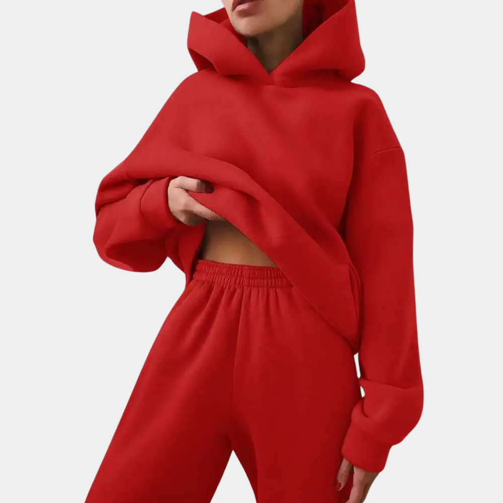 Rode dameshoodie en joggingbroek set, comfortabele sportkleding, casual mode, trendy streetwear, perfect voor herfst en winter.