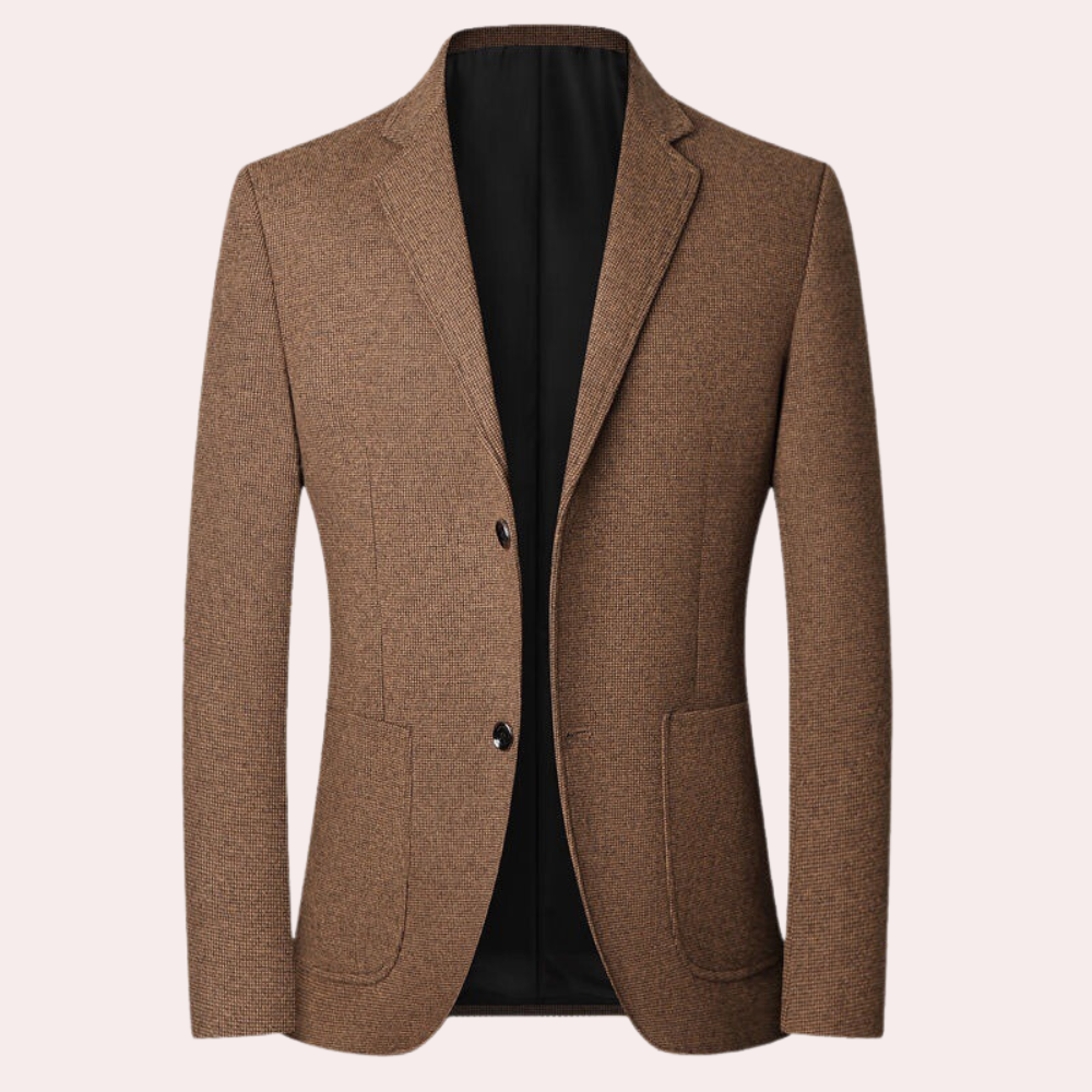 Bruin wollen herenblazer met twee knopen en opgestikte zakken, geschikt voor formele en casual gelegenheden. Tijdloze stijl, hoogwaardige kwaliteit.