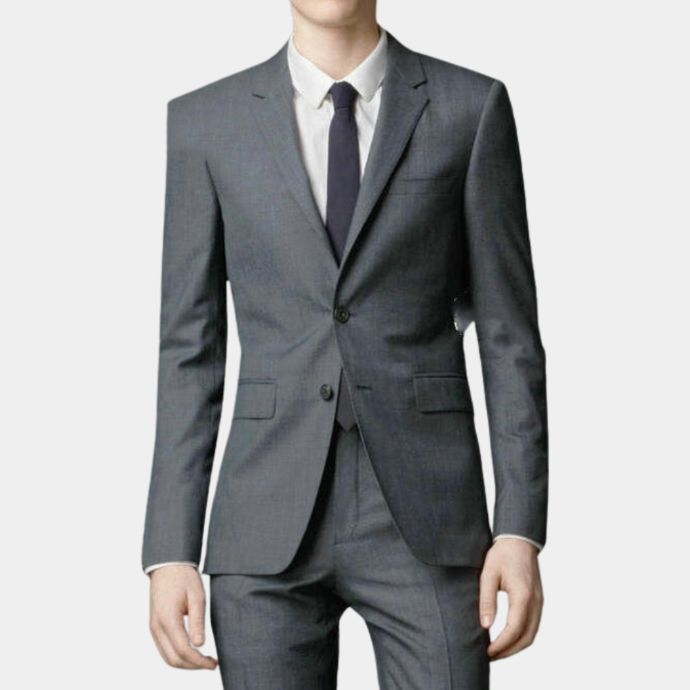 Grijs herenpak met colbert en pantalon, ideaal voor zakelijke gelegenheden. Stijlvol en modern ontwerp, perfect voor formele evenementen.